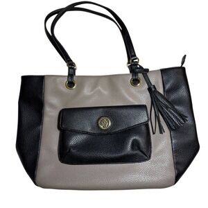 Anne Klein Black Taupe Pebbled Leather Tote Bag‎ Gold Lion Head Tassel